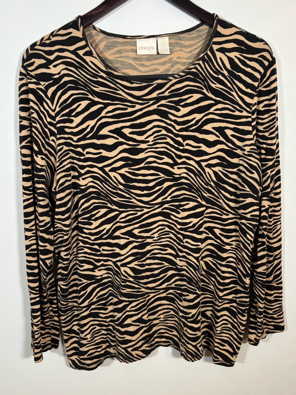 Chico’s Zebra Print Long Sleeve Top Tan Black Size 3 Animal Print Stretch